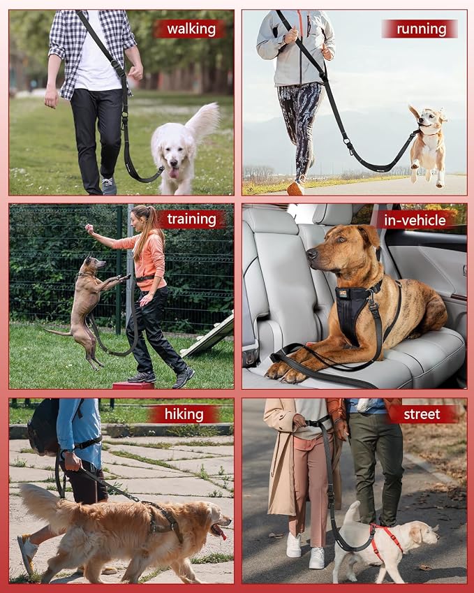 Hands Free Dog Leash & Car Seatbelt, 5.3-7.9ft Crossbody Dog Belt with Dual Soft Handles, Shock-Absorbing, 360° Clip, Reflective Design for Walking, Running, Hiking, Travel. (Black)