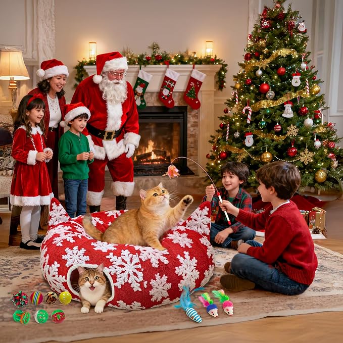 OurWarm Large Cat Tunnel Bed for Indoor Cats with 11 Toys, Round Donut Cat Cave Under Christmas Tree Skirt, Red Snowflake Christmas Cats Tunnel with Soft Mat Xmas Decor for Kitten, Rabbit, Puppy Play