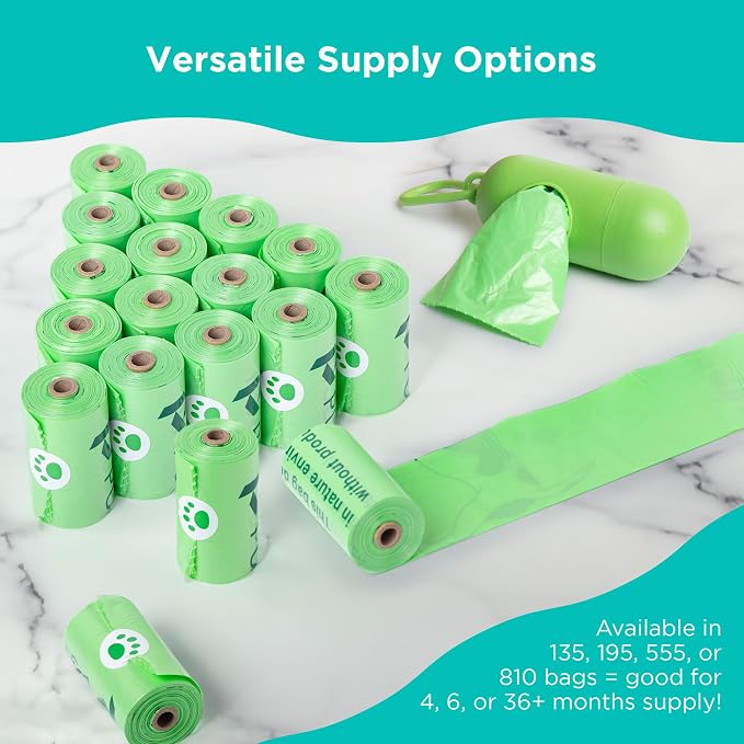 Green Pursuit Poop Bags for Dogs - Large Leak Proof Dog Poop Bags Rolls with Handle | Tear Resistant Dog Poop Bag with Dispenser | Degrades Faster, Easy to Open, Separate & Tie | 9"x13", 135 Bags