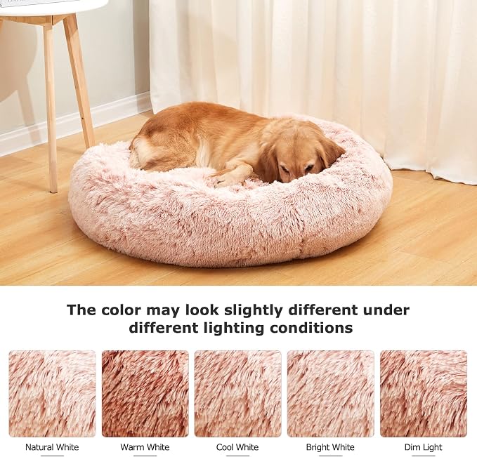 Bedfolks Calming Donut Dog Bed Cat Bed, 23 Inches Round Fluffy Dog Beds for Small Dogs, Machine Washable Anti-Anxiety Plush Puppy Bed(Pink, Small)