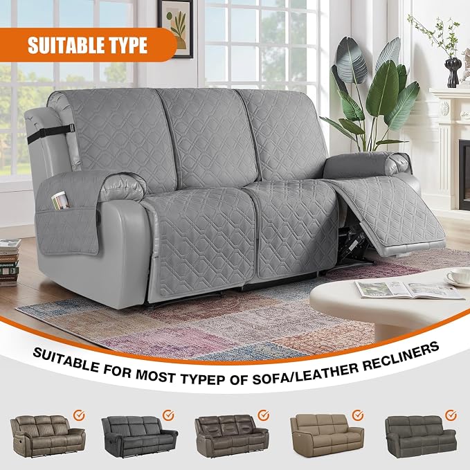 VANSOFY Waterproof Recliner Couch Covers, Sofa Covers 1-Piece Washable Reclining Sofa Cover Non-Slip Furniture Protector with Elastic Straps Pocket for Dogs, Pets(Light Gray,3 Seater)