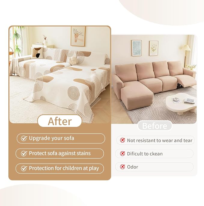 VANJOROY Boho Couch Sofa Cover for 3 Cushion Sectional Sofa L-Shape -Washable Chenille Couch Cover for Dogs Pets, Boho Couch Cover Protector Soft Khaki Sofa Slipcovers with Tassel,71"x 134"