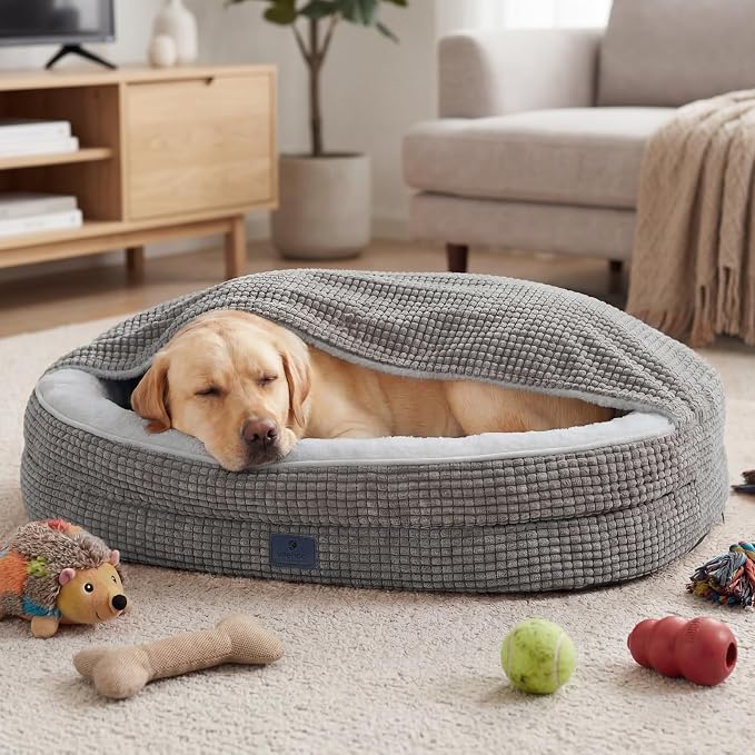 Veehoo 2 in 1 Dog Bed with Cover Cave, XL Dog Beds Indoor with Hooded Blanket, 48 inch Cozy Dogs Cave Bed with Removable Washable Cover for Extra Large Dogs Up to 110 lbs