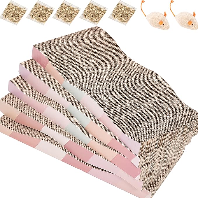 SIDAZON Cat Scratching Pads Cardboard Cat Scratchers for Indoor Cats Reversible Large Wide Corrugated with Catnip and Mini Toy(5pcs)