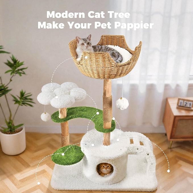 Easyego Modern Cat Tree, 45.6" Aesthetic Wood Cat Tree Tower for Large Cats, Luxury Cat Condo with Scratching Posts and Flower Platforms, Cat Furniture, White&Green