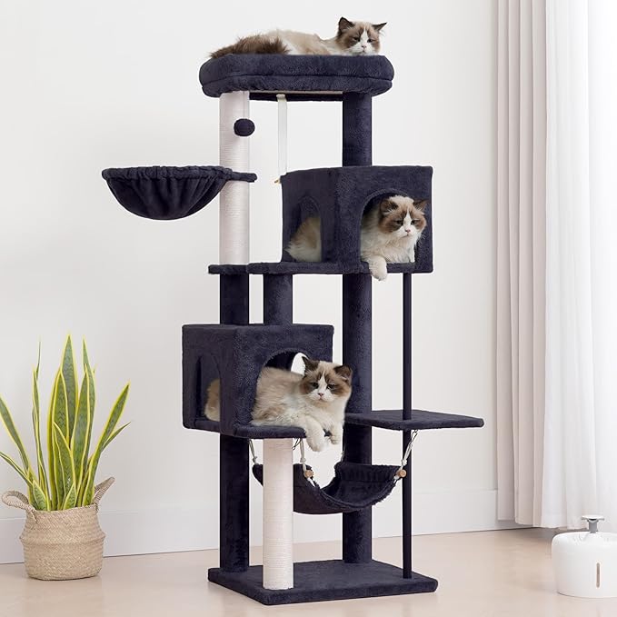 Gitelsnour 51.2'' Cat Tree Tower, Cat Tower with Scratching Post, Sturdy Steel Pube Cat Tree for Inoor Cats Large Adult, Cat Hammock and Basket, Padding Top Platform, Smoky Gray GCT014G