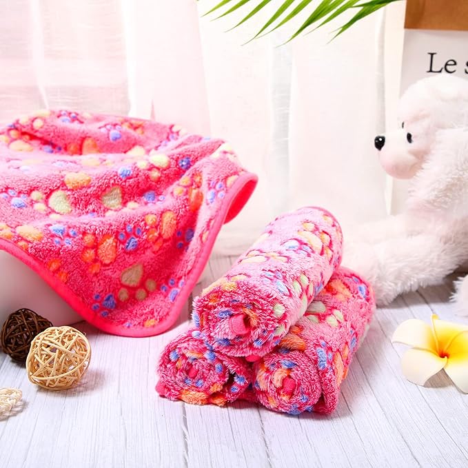 Tatuo 4 Pack Fleece Dog Blankets for Puppy Cats Multi-Size Sleep Mat for Pet Guinea Pig Soft Washable Warm Crate Bed Puppy Teething Toys Print Pattern Blanket Indoor(Pink,30 x 20.5 Inch,Paw)