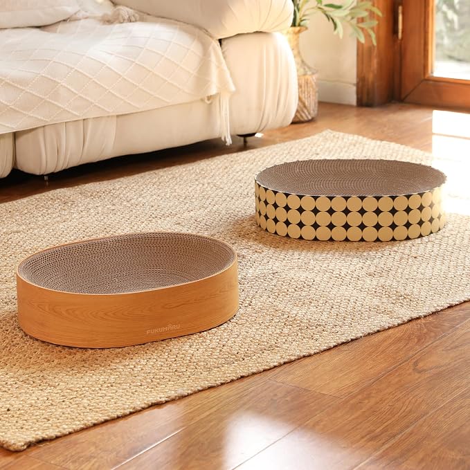 FUKUMARU Cardboard Cat Scratcher Bed, 2-in-1 Oval Cat Scratch Pad, Cats Scratching Board Lounge Bed Indoor, Durable Modern Kitty Scratcher Bowl, Cats Scratch Furniture Protector, Wood Color