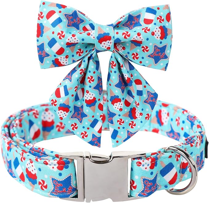 Maca Bates American Flag 4th of July Dog Collar with Sailor Bow 4 of 7 for Dogs Tie Adjustable Durable Icecream Patriotic USA Collars Summer Independence Day for Small Medium Large XL Boy Girl Puppy