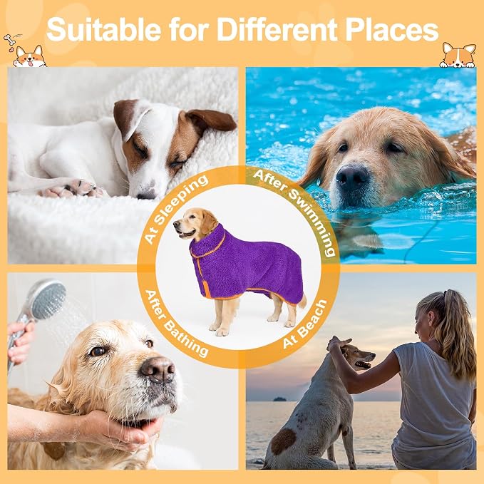 Bienbee Dog Bathrobe, Quick Drying Super Absorbent Pet Robes for Small Medium Large Dogs, Drying Coat for After Bath & Swim, Warm & Cozy Dogs Towels, Dog Puppy Bath Supplies, Purple L