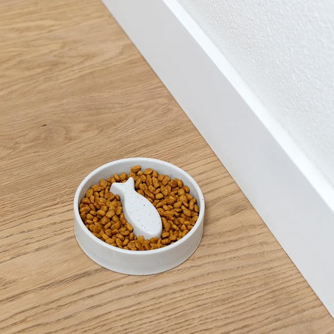 Fringe Studio Speckled Fish Bone Small Ceramic Cat Bowl, Slow Feeder Pet Bowl (5" Diameter x 1.25" H, 5.5 fl.oz.), PetShop Collection (780SM001) (Pack of 2)