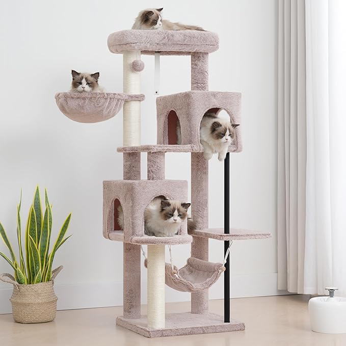 Gitelsnour 51.2'' Cat Tree Tower, Cat Tower with Scratching Post, Sturdy Steel Pube Cat Tree for Inoor Cats Large Adult, Cat Hammock and Basket, Padding Top Platform, Mushroom GCT014MU