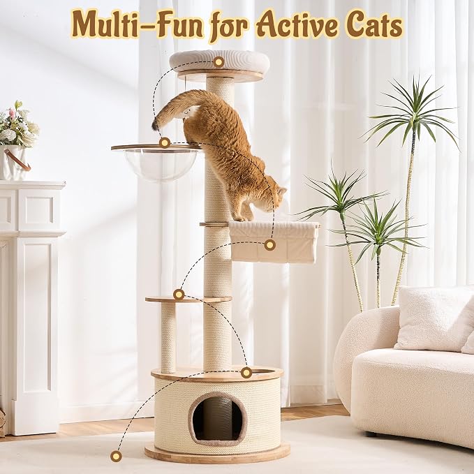 64.2" Solid Wood Cat Tree Tower for Indoor Cats, Multi-Level Modern Cat Furniture with 20" Condo, Interchangeable Hammock & Capsule Bed, Chunky Scratching Posts for Active Cats up to 12 lbs