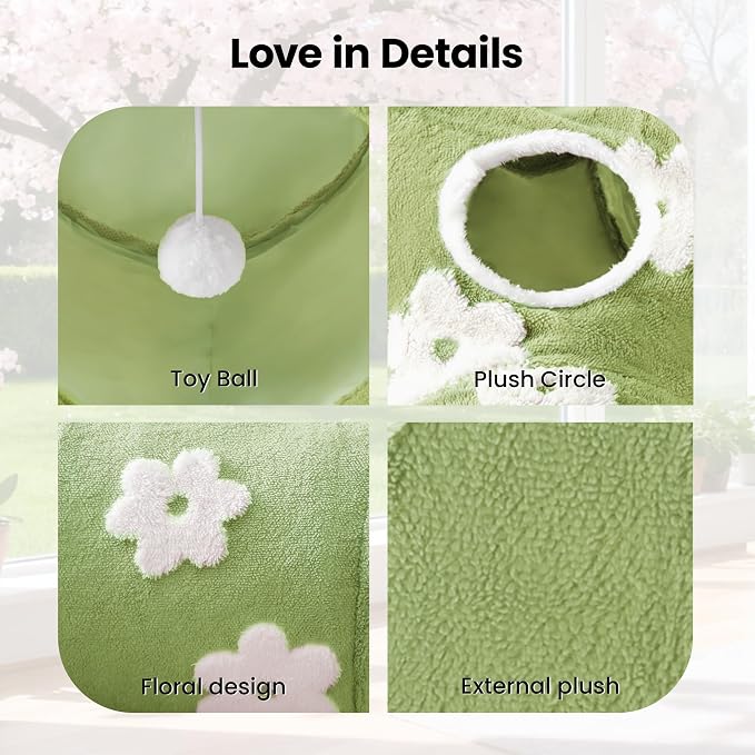 Tempcore Flannel Cat Tunnel for Indoor Cats, 3 Way Collapsible Pet Play Tunnel with Teaser Wand, Peek Holes & Hanging Ball, Interactive Tube for Kittens & Rabbits, Daisy Green