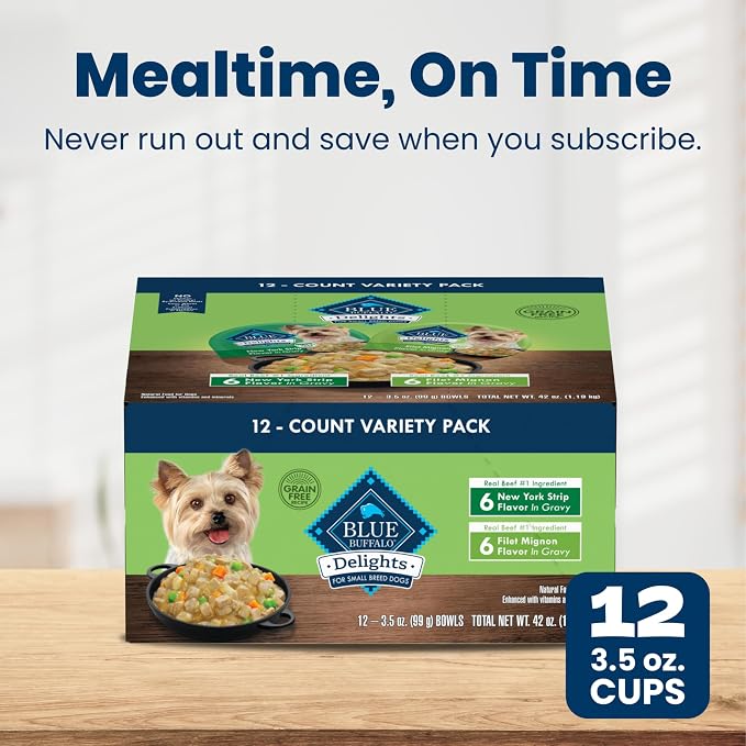 Blue Buffalo Delights Variety Pack Natural Grain Free Wet Dog Food for Small Breed Dogs (Filet Mignon Flavor & New York Strip Flavor) in Gravy with Natural Ingredients, 3.5-oz. Each (12 Cups)