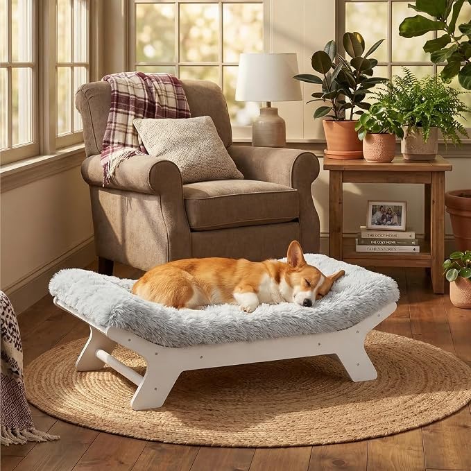 Muihood Wood Elevated Dog Bed Frame and Egg Crate Foam Mattress, Luxurious Suitable for Pets Up to 55 lbs, White, M