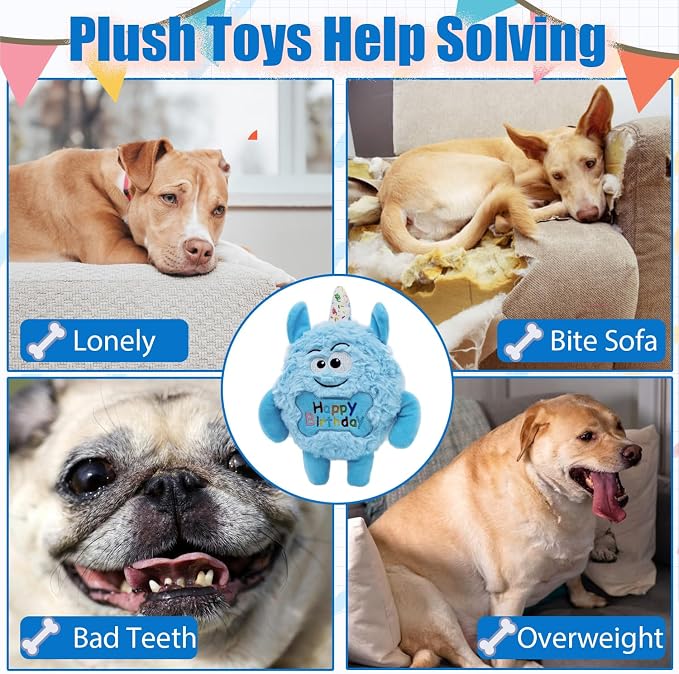 Plush Dog Birthday Toy for Girl Boy Gifts, Crinkle Squeaky Dog Toy Keep Them Busy Tug of War Stuffed Dog Chew Toy for Small Medium Large Dogs (Sky Blue)