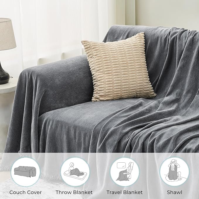 CAPALOCA Sectional Couch Covers, 2 Pieces Chenille Sofa Cover L Shaped Couch Cover Blanket for Dogs Washable Sofa Slipcovers Pet Furniture Protector (Large: 71" x 102" + 71" x 110", Dark Gray)