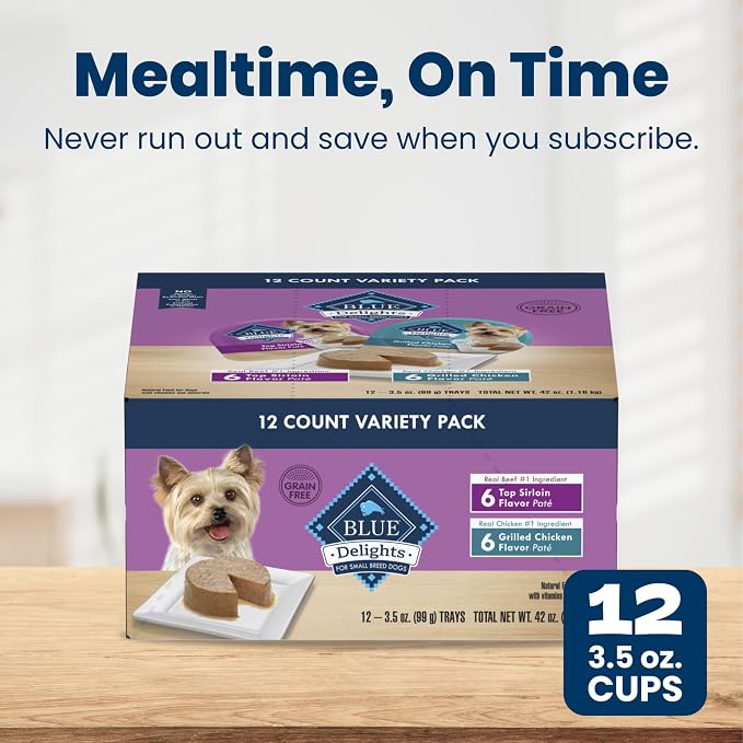 Blue Buffalo Delights Variety Pack Natural Grain Free Wet Dog Food for Small Breed Dogs (Top Sirloin Flavor Paté and Grilled Chicken Flavor Paté) with Natural Ingredients, 3.5-oz. Each (12 Cups)