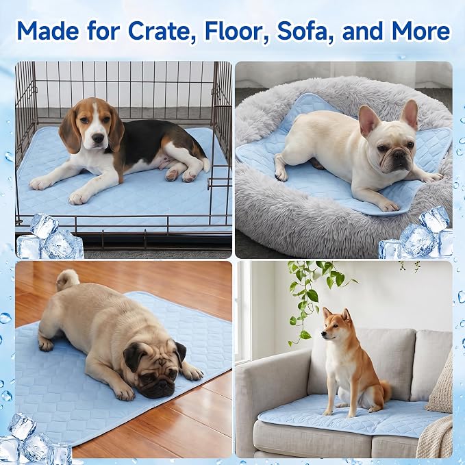 PatiencET Dog Cooling Mat, 28 x 40 in No-Gel Cooling Pad for Medium Dogs, Cool Touch Nylon Pet Mat, Washable Summer Dog Mat for Crate, Bed, Floor, Sofa, Car, Blue