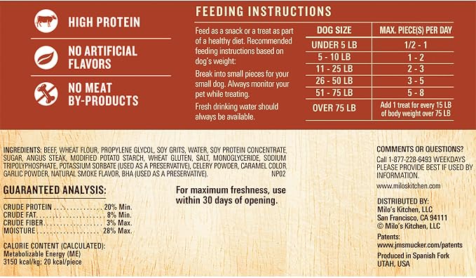 Milo's Kitchen Steak Grillers Recipe Dog Treats, 18 Oz. Bag (Pack of 4)