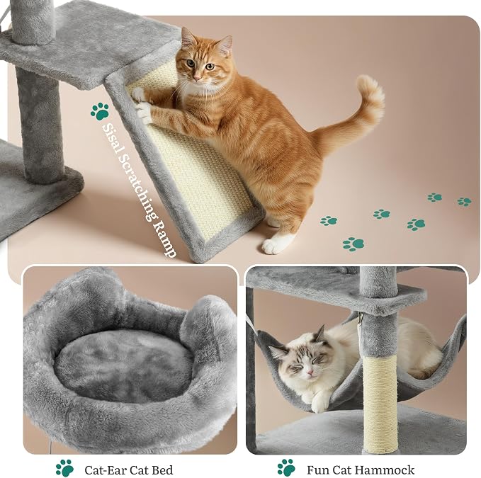 YITAHOME 75-Inch Tall Cat Tree Indoor: Multi-Level Kitten Tower with Kitty Condos, Top Perches, Sisal Ramp, Scratching Posts & Cozy Basket Hammocks Pet Play House Light Gray