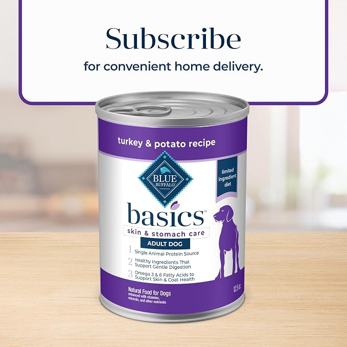 Blue Buffalo Basics Grain-Free Adult Wet Dog Food, Skin & Stomach Care, Limited Ingredient Diet, Turkey Recipe, 12.5-oz Can, 12 Count