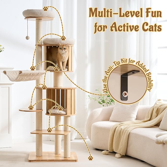 70" Modern Wood Cat Tree for Indoor Cats, Multi-Level Cat Tower with 2 Hidden Cat Caves, Hammock, Elevated Top Beds & Sisal Scratching Posts, Furniture-Style Cat Condo for Multi-Cat Homes