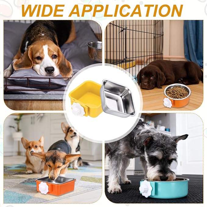 Crate Dog Bowl, Removable Stainless Steel Pet Cage Hanging Anti-Overturn Food Water Feeder Cage Cup (Square, Yellow, 11.1oz), Intended for Puppies/Cat/Rabbit/Bird