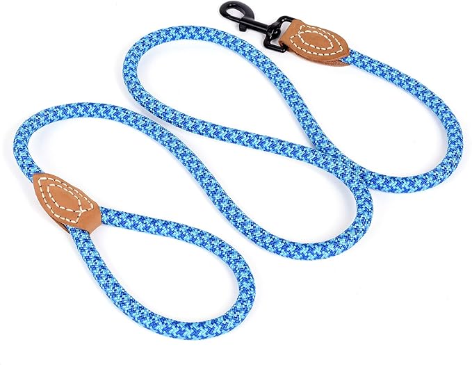 Mile High Life | Mountain Climbing Dog Rope Leash with Heavy Duty Metal Sturdy Clasp | Genuine Leather Tailored Connection with Strong Stitches (Sky Blue Hot Blue, 72 Inch (Pack of 1))