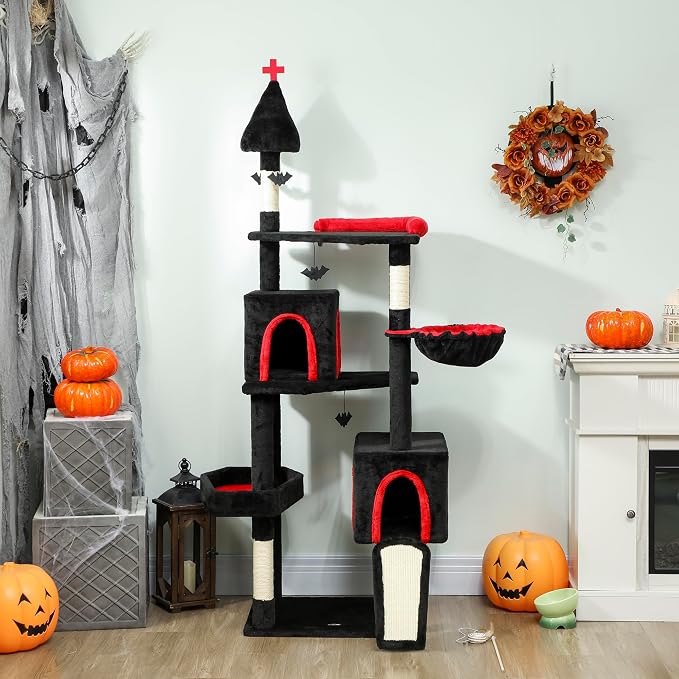 PawHut Gothic Cat Tree, 78" Extra Tall Cat Tower for Indoor Kittens with 2 Spacious Condos, Sisal Scratching Posts, 4 Bat Hanging Balls, Comfy Hammock, Ramp, Bed, Black and Red Halloween