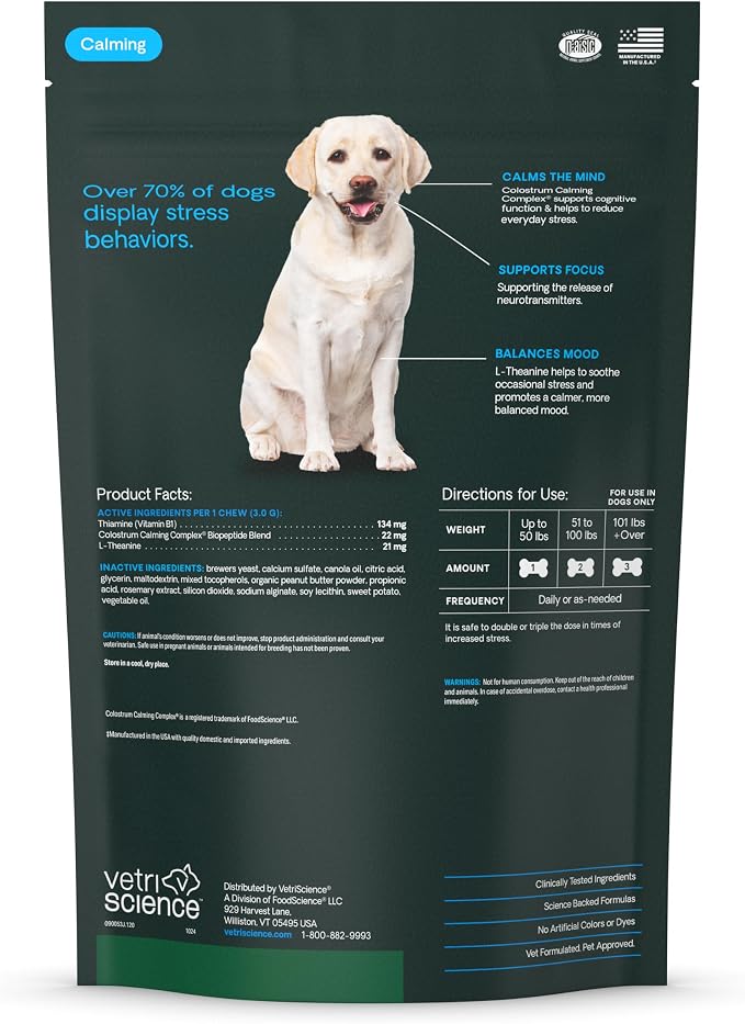 VetriScience Clinically Tested Composure Calm & Confident Chews for Dogs – Helps Manage Occasional Stress & Supports Balanced Behavior, Non-Drowsy Soft Chews with L-Theanine, Peanut Butter, 120 Count