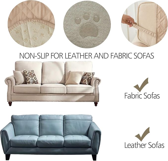 Ameritex Couch Sofa Slipcover 100% Waterproof Nonslip Quilted Furniture Protector for Dogs, Children, Pets, Machine Washable (Beige, 68")