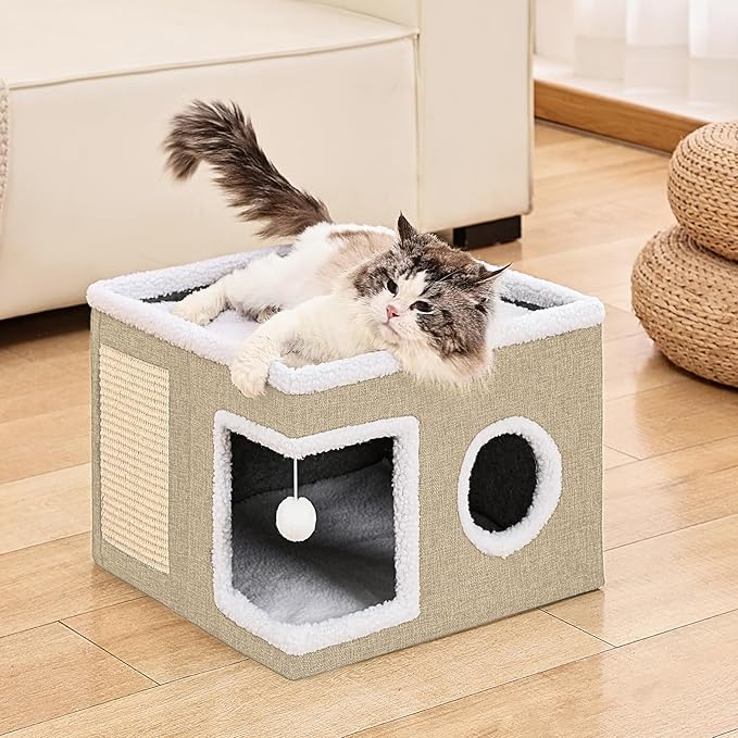 Cat Beds for Indoor Cats Houses, Large Cat Cave with Fluffy Ball and Scratch Pad, Foldable Cat House with Hideaway Tent for Kitten, 16x16x13inch, Khaki