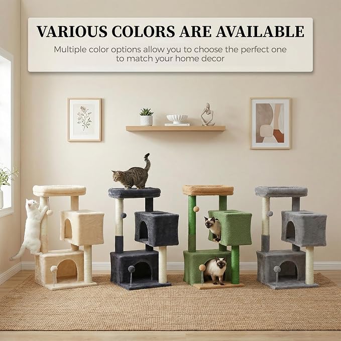 32" Cat Tree Tower for Indoor Cats - 2 Cozy Condos, Multi-Level Cat Scratching Posts with Sisal, Soft Padded Perch, 2 Dangling Toys, Dark Grey
