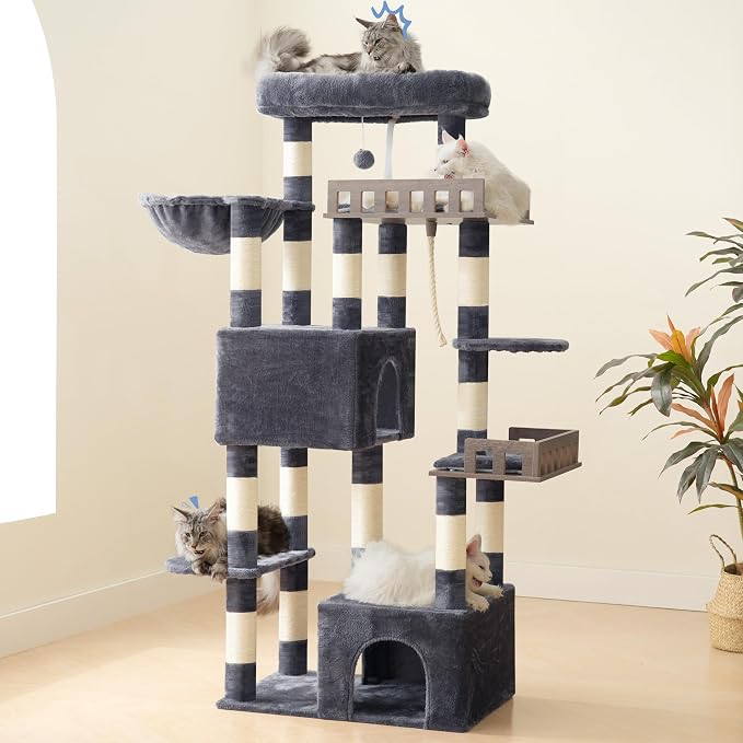 Gitelsnour Maine Coon Cat Tree, Heavy Duty Cat Tree for Indoor Cats Large Adult, Cat Tower for Large Cats 20 lbs+ with Hammock, 2 Big Perches, 2 Cat Condos, 15 Scratching Posts, Smoky Gray GCT033G