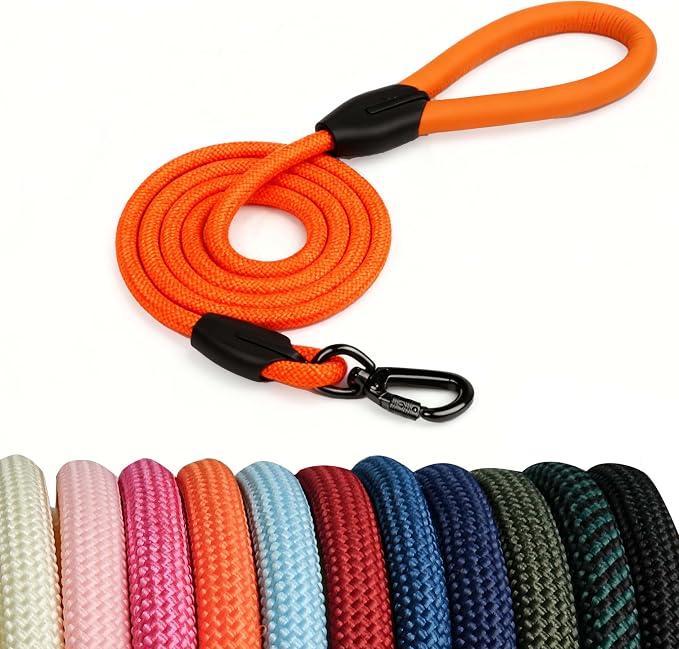 Dog Leash 5FT, Rope Leash For Dogs, Rope Dog Leather Leashes, Lead For Small Dogs,Puppy Leashes, Pet Leashes,Strong Nylon Pet Lead,Comfortable Leather Handle,Resistant To Dirt And Bite(Orange, 5 Feet)