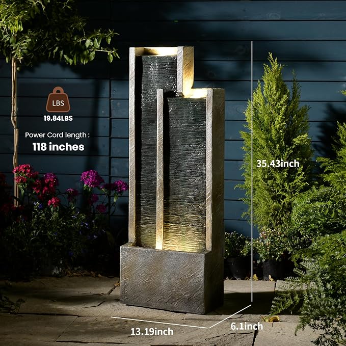 35” Modern Double Column Waterfall Fountain - Outdoor Water Fountain with LED Lights, Freestanding Waterfall Feature for Garden, Patio, Deck, Porch, and Home Decor, Rectangular Resin Design
