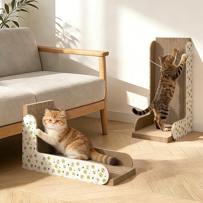 TIMHAKA Cat Scratcher, 22.7 Inch L-Shaped Cat Scratching Board for Indoor Cats, Large Double-Sided Cardboard Cat Scratcher with Ball Toy & Catnip