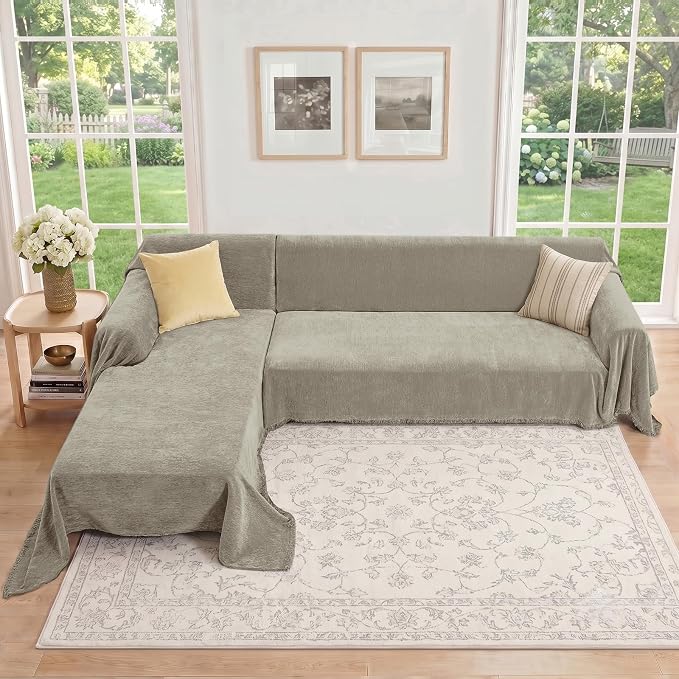 CAPALOCA Sectional Couch Covers, 2 Pieces Chenille Sofa Cover L Shaped Couch Cover Blanket for Dogs Washable Sofa Slipcovers Pet Furniture Protector (XXX-Large: 71" x 118" + 91" x 134", Smoked Tan)