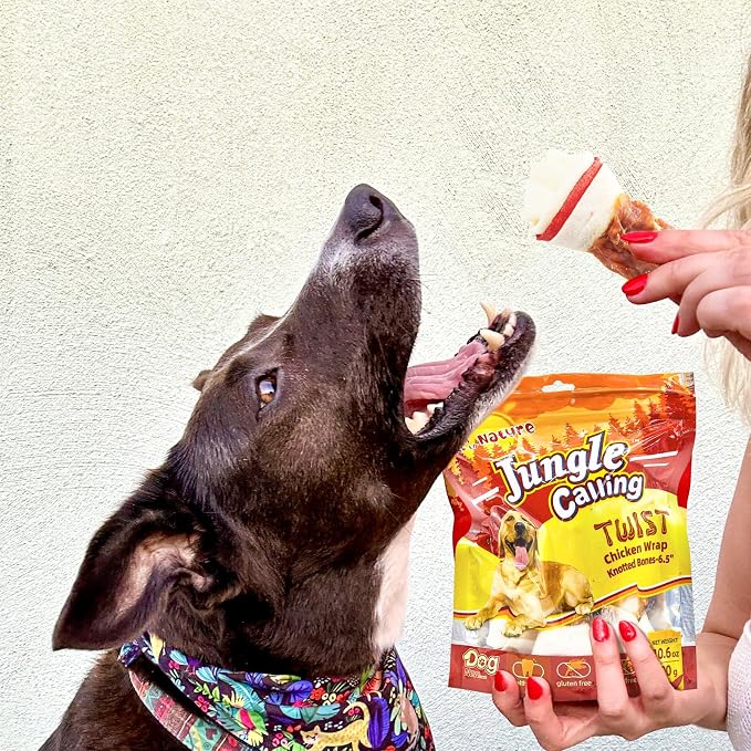 Jungle Calling Chicken Wrap Knotted Bones Dog Chews, Long Lasting Beefhide Treats Real Rawhide Bones for Large Dogs Edible Training Treats (Pack of 2)