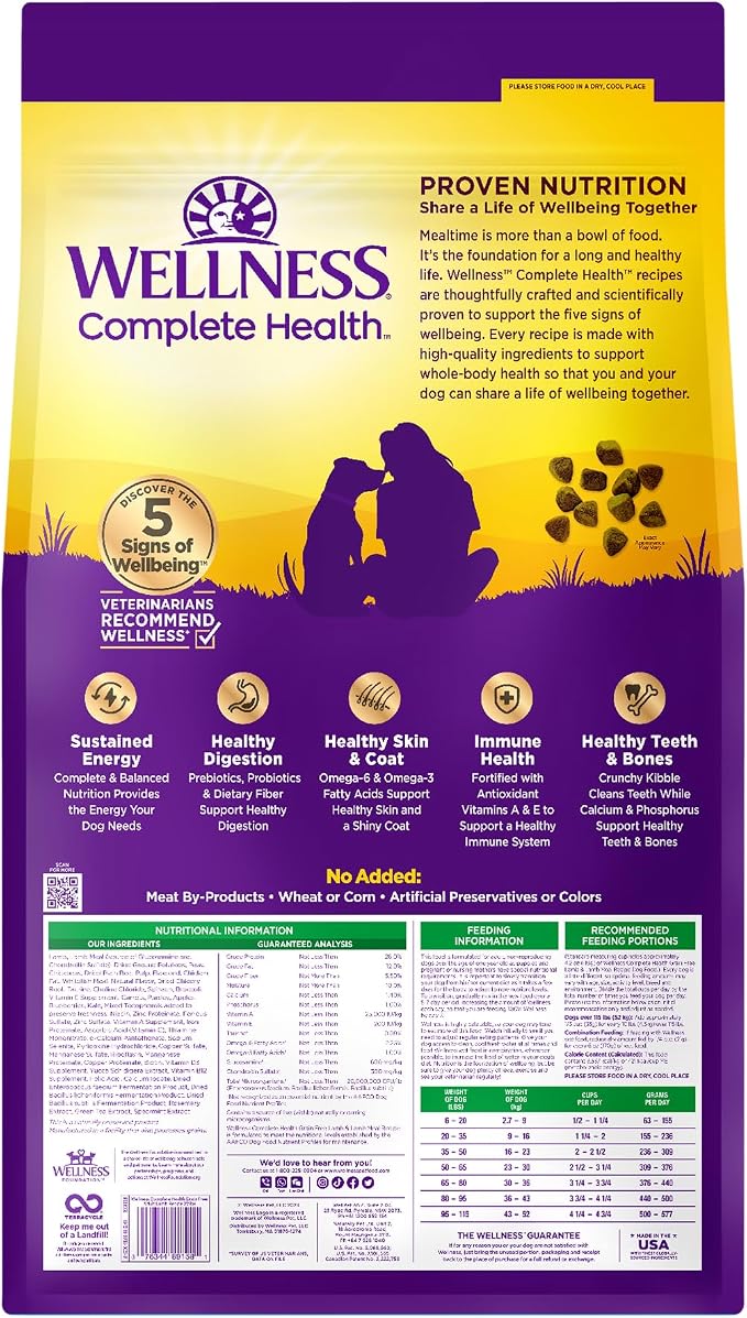 Wellness Complete Health Adult Dry Dog Food, Grain Free Kibble, Natural, Lamb Recipe, 22 lb Bag
