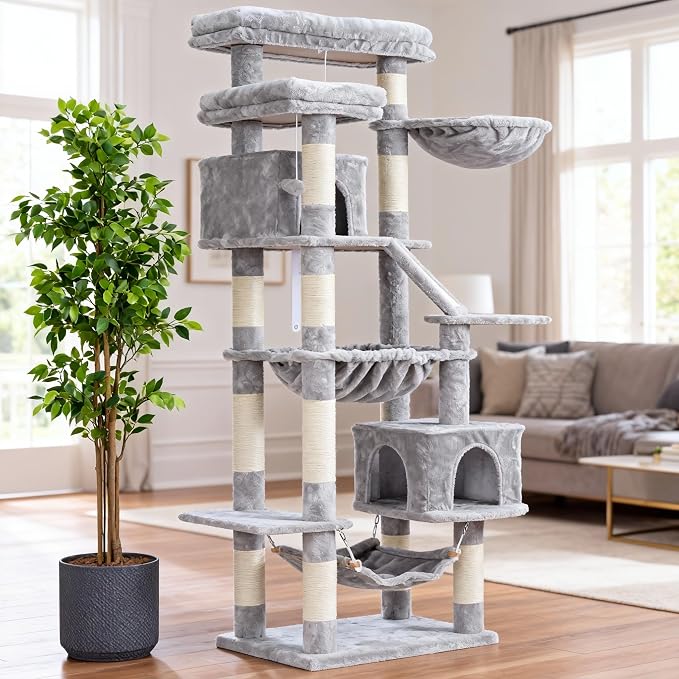 Heybly Cat Tree, 71-Inch-Tall Tower for Indoor Cats with 2 Perches, 2 Big Condos, 2 Hammocks, Basket, Scratching Pad, Large Cat Furniture and Condo, Light Gray HCT034W