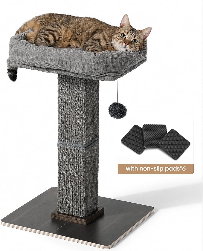 FUKUMARU Cat Scratching Post, Modern Style Tall Scratch Posts with Perch for Indoor Cats Adults, Large Cat Scratcher Tower with Bed, Small Tree with Raised Stand, Natural Sisal & Solid Wood