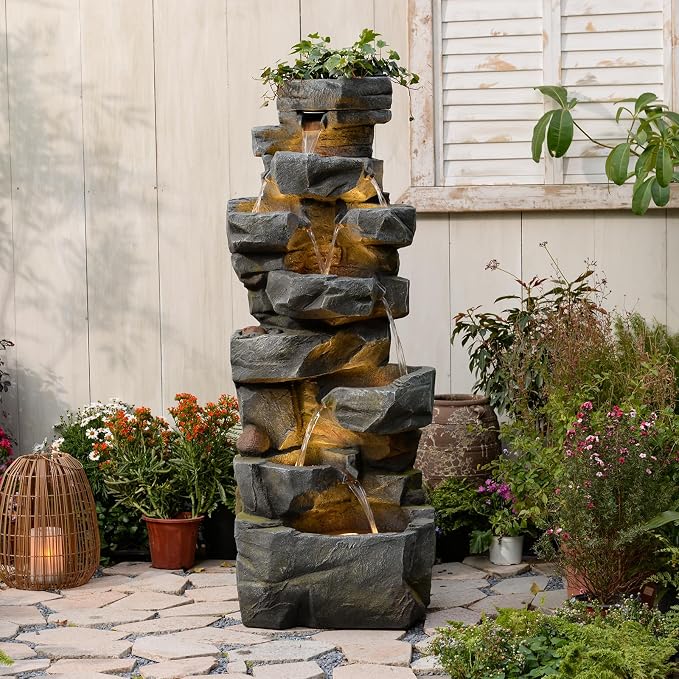 Sunlinua 58" H Outdoor Water Fountain with 7 Tiers New Upgraded Large Cascading Realistic Rock Waterfall Fountains with Lights Outdoor Water Fountain for Garden Patio Backyard Porch Home Decor