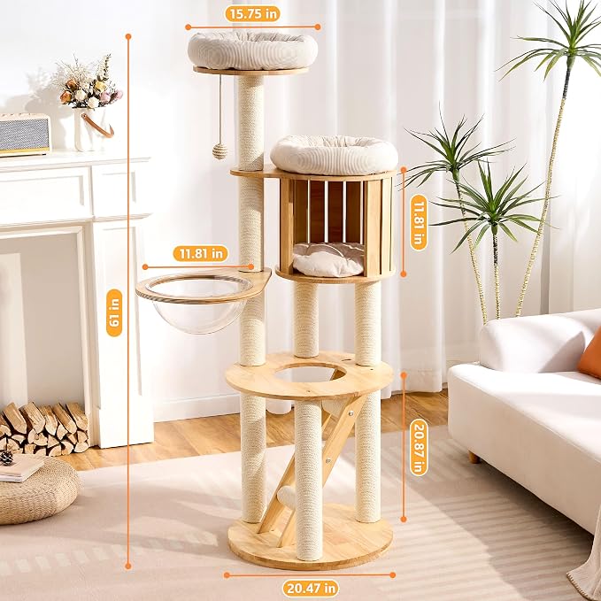 HITTITE Solid Wood Cat Tree Tower with Scratching Post, 61 Inches Tall Cat Towers with Capsule and Condo, Modern Cat Tower with Climbing Ladder and Removable Top Bed for Indoor Cats.