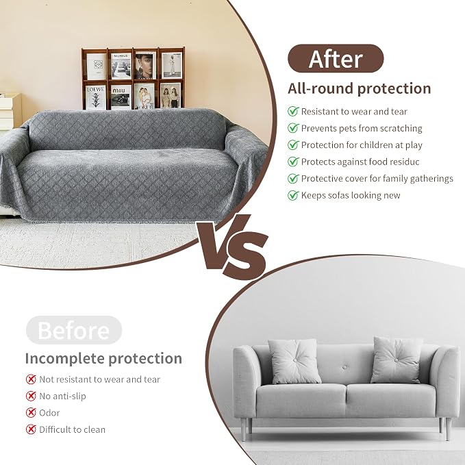 VANJOROY Grey Oversized Couch Sofa Cover for 3-4 Cushion 91"x 150" Sectional Sofa L-Shape -Washable Chenille Couch Cover for Dogs Pets, Couch Cover Protector Soft Sofa Slipcovers