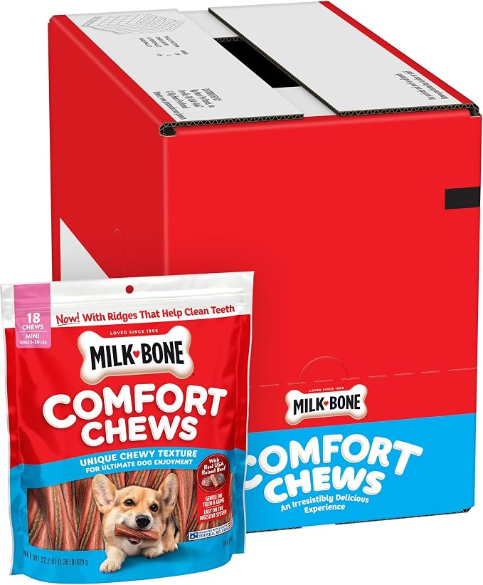Milk-Bone Mini Comfort Chews, Chewy Texture and Real Beef, 18 Mini Chews (Pack of 4)