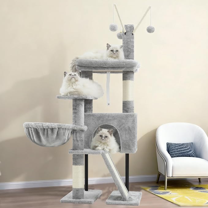 Gitelsnour Cat Tree for Indoor Cats, Cat Tower with Scratching Post for Small Cats and Kittens, Cat House with Removable Top Platform and Fluffy Balls, Hanging Cat Basket, Light Gray GCT006SW