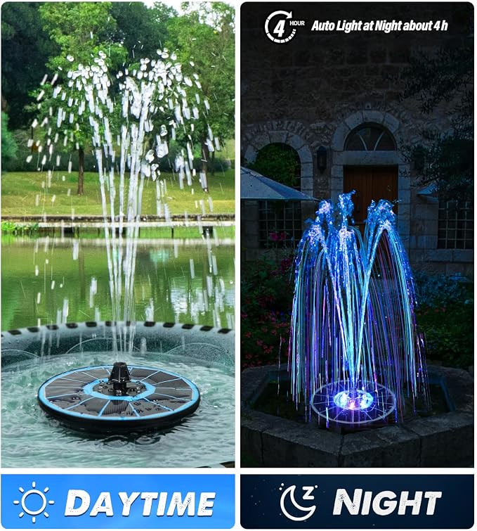 Yzert Solar Fountain Glass Panel with 2200 mah Battery, 3.5W Floating Solar Water Fountain with 4 Fixed Rods, Solar Pump for Bird Bath, Garden, Pond, Pool, Outdoor (Blue Panel Colorful Lights)